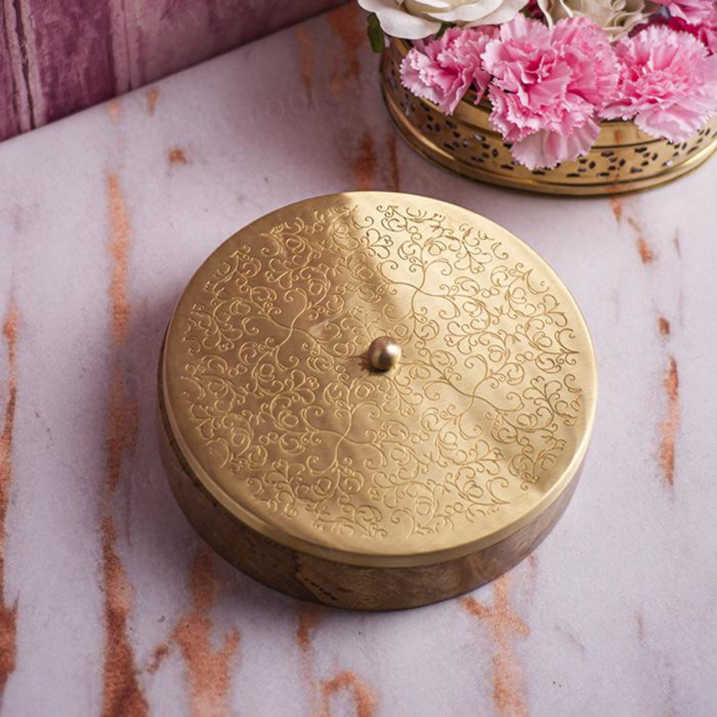 Handcrafted Wooden Base Spice box with 7 brass bowls and spoon