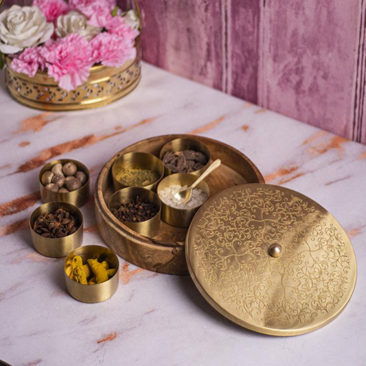 Handcrafted Wooden Base Spice box with 7 brass bowls and spoon