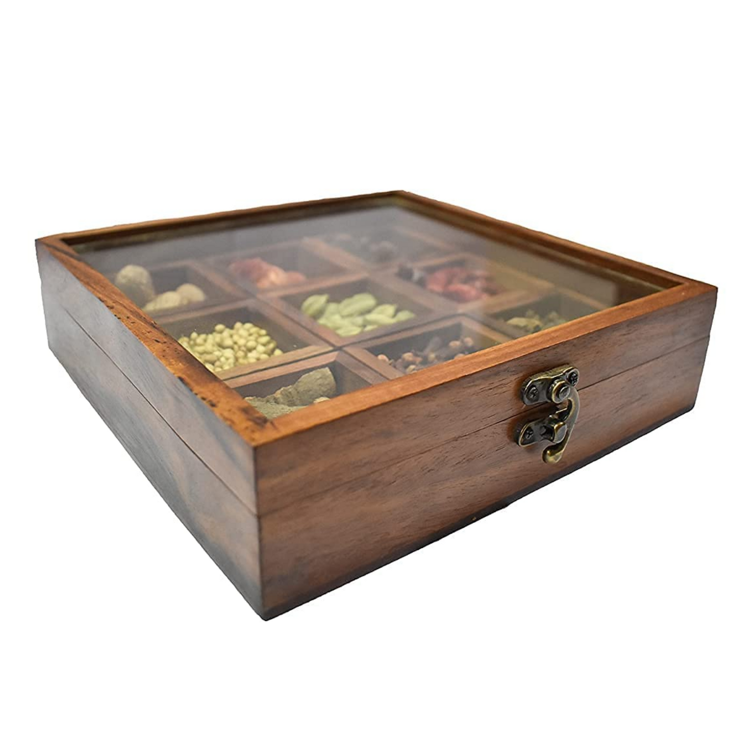 Spice Box with Spoon | Masala Dabba | Masala Box | Spice Box for Table| (9x9x2.5in) Wooden Spice Box for Kitchen